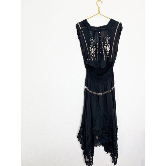 Free People New Romantics Delphine Midi Dress Size 10 Black Embroidered Boho - Picture 12 of 13